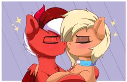 Size: 2470x1600 | Tagged: safe, artist:joaothejohn, derpibooru import, oc, oc:flamebrush, earth pony, pegasus, pony, chest fluff, collar, cute, eyes closed, image, kissing, love, oc x oc, pegasus oc, png, shipping, simple background, wings