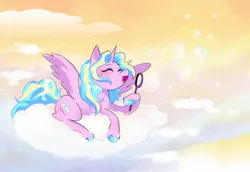 Size: 2078x1433 | Tagged: safe, artist:stevetwisp, derpibooru import, oc, unofficial characters only, alicorn, pony, alicorn oc, blowing bubbles, cloud, female, horn, image, jpeg, mare, on a cloud, sitting, sitting on cloud, solo, wings