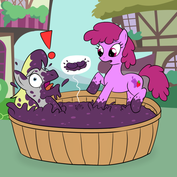Size: 2000x2000 | Tagged: questionable, derpibooru import, berry punch, berryshine, hugh jelly, earth pony, pony, accident, ball busting, cbt, female, food, grape stomping, image, jelly, male, mare, pain, png, stallion, surprised