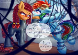 Size: 1414x1000 | Tagged: suggestive, artist:chaosangeldesu, derpibooru import, rainbow dash, oc, oc:roarke, earth pony, pegasus, pony, fanfic:austraeoh, bondage, braid, braided tail, canon x oc, duo, female, image, jpeg, lesbian, rainboarke, tail