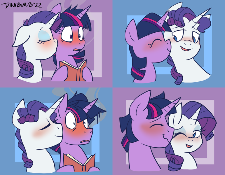 Size: 1800x1400 | Tagged: safe, artist:dimbulb, derpibooru import, rarity, twilight sparkle, pony, unicorn, blushing, book, dusk shine, elushine, elusive, female, gay, half r63 shipping, image, kiss on the cheek, kissing, lesbian, male, png, rarilight, rarishine, rule 63, shipping, straight, twilusive