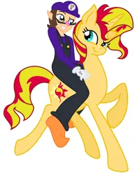 Size: 1163x1490 | Tagged: safe, artist:catsoulrialia, artist:user15432, derpibooru import, sunset shimmer, human, pony, unicorn, equestria girls, barely eqg related, barely pony related, base used, cap, clothes, crossover, equestria girls style, equestria girls-ified, gloves, hat, human and pony, humans riding ponies, image, overalls, png, pony ride, riding, shirt, shoes, simple background, smiling, super mario bros., undershirt, waluigi, waluigi's hat, waluset, white background