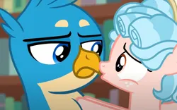 Size: 1010x630 | Tagged: safe, derpibooru import, screencap, cozy glow, gallus, gryphon, pegasus, pony, what lies beneath, cropped, duo, gallus is not amused, image, png, unamused