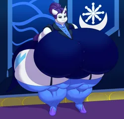 Size: 5748x5488 | Tagged: suggestive, artist:mr.pink, artist:nonuberis, derpibooru import, rarity, anthro, alternate cutie mark, alternate hairstyle, alternate timeline, ass, bbw, belly, big belly, big breasts, bottomless, breasts, busty rarity, butt, carpet, clothes, fat, female, floppy ears, grumpy, huge belly, huge breasts, huge butt, image, impossibly large belly, impossibly large breasts, impossibly large butt, impossibly wide hips, large butt, looking at you, night guard, night maid rarity, night maid rearity, nightmare takeover timeline, nudity, obese, partial nudity, png, rarithighs, raritubby, rearity, solo, solo female, ssbbw, tapestry, thighs, thunder thighs, uniform, wide hips