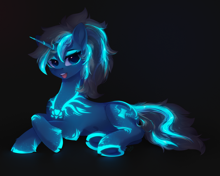 Size: 5000x4000 | Tagged: safe, artist:anku, derpibooru import, oc, oc:maple parapet, unofficial characters only, pony, unicorn, black background, blue eyes, chest fluff, commission, eyebrows, eyelashes, female, fluffy, fluorescent, freckles, glow, glowing horn, high res, horn, image, lies, mare, neon, open mouth, png, pony oc, simple background, solo, solo female, tail, two toned mane, two toned tail, unicorn oc, ych result