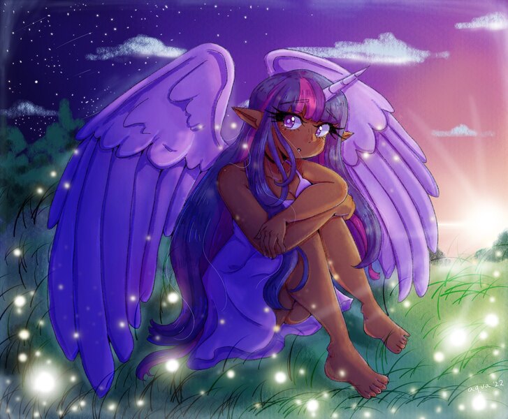 Size: 2047x1690 | Tagged: safe, artist:ashes-arts, artist:mylittleyuri, derpibooru import, twilight sparkle, human, alicorn humanization, barefoot, blushing, choker, clothes, cloud, cute, dress, elf ears, feet, female, grass, horn, horned humanization, humanized, image, jpeg, night, solo, sunset, tree, winged humanization, wings