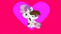 Size: 3264x1836 | Tagged: safe, artist:the double u, derpibooru import, pipsqueak, sweetie belle, earth pony, unicorn, fanfic:the six knights of the night, crush, fanfic art, female, hug, image, jpeg, looking at each other, looking at someone, love, male, meme, otp, shipping, straight, sweetiesqueak