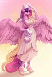 Size: 960x1408 | Tagged: safe, artist:margony, derpibooru import, princess cadance, alicorn, anthro, plantigrade anthro, pony, breasts, busty princess cadance, clothes, commission, dress, female, floppy ears, gloves, gradient background, hat, high heels, image, jewelry, large wings, mare, milf, necklace, open-toed shoes, pearl necklace, png, purse, shoes, solo, spread wings, toes, wings