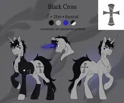 Size: 1500x1250 | Tagged: safe, artist:emalajissda, derpibooru import, oc, oc:black cross, unofficial characters only, pony, unicorn, crucifix, image, jpeg, magic, male, reference sheet, stallion