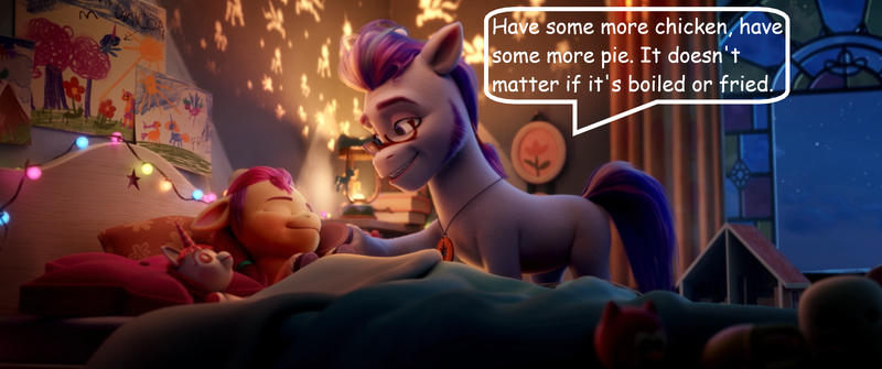 Size: 2048x858 | Tagged: safe, derpibooru import, edit, edited screencap, screencap, sunny starscout, earth pony, pony, my little pony: a new generation, spoiler:g5, spoiler:my little pony: a new generation, argyle starshine, bed, blanket, book, dialogue, eyes closed, female, filly, foal, g5, glasses, image, jewelry, male, necklace, pillow, png, smiling, song reference, speech bubble, stallion, voice actor joke, weird al yankovic, window