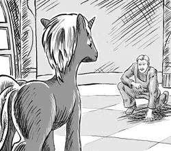 Size: 1955x1730 | Tagged: safe, artist:chatoyance, derpibooru import, human, pony, unicorn, fanfic:the conversion bureau, fanfic art, grayscale, hatching (technique), image, kneeling, looking at each other, looking at someone, monochrome, png