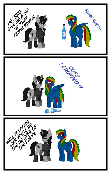 Size: 800x1250 | Tagged: safe, artist:nerdial, artist:ruchiyoto, derpibooru import, oc, oc:black cross, oc:rainbow storm, unofficial characters only, pegasus, pony, unicorn, comic, comic strip, crucifix, dialogue, image, male, png, stallion