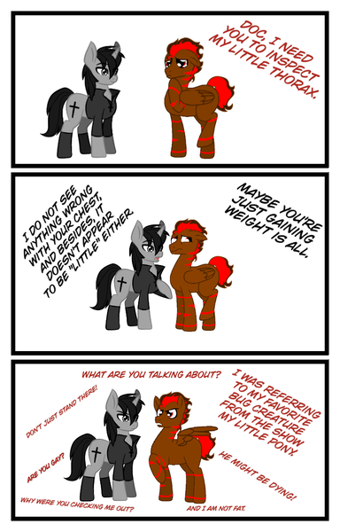 Size: 800x1250 | Tagged: safe, artist:nerdial, artist:ruchiyoto, derpibooru import, oc, oc:black cross, oc:tootsie4ever, unofficial characters only, pegasus, pony, unicorn, comic, comic strip, crucifix, dialogue, image, male, png, stallion