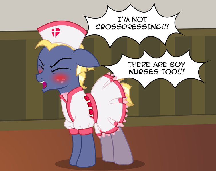 Size: 2632x2093 | Tagged: safe, artist:badumsquish, derpibooru import, star tracker, earth pony, pony, angry, blushing, clothes, cosplay, costume, cross, crossdressing, crossplay, derpibooru exclusive, dialogue, dress, embarrassed, eyes closed, floppy ears, freckles, frilly dress, frown, hat, heart, image, male, nurse, nurse hat, nurse outfit, png, show accurate, skirt, socks, solo, stallion, starcrossed, yelling