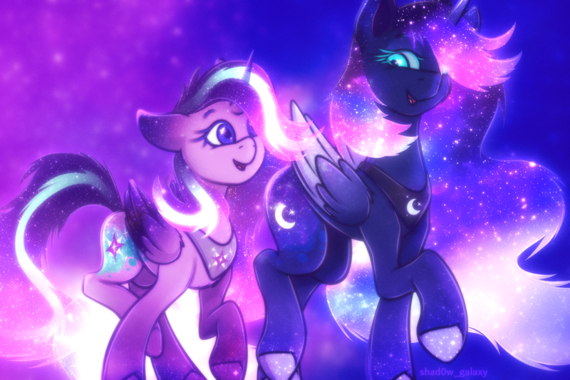 Size: 3000x2000 | Tagged: safe, artist:shad0w-galaxy, derpibooru import, princess luna, starlight glimmer, alicorn, pony, alicornified, alternate design, ethereal mane, female, folded wings, horn, image, jewelry, lesbian, mare, png, race swap, regalia, shiny, shipping, simple background, starlicorn, starluna, starry eyes, starry mane, stars, walking, wingding eyes, wings, xk-class end-of-the-world scenario