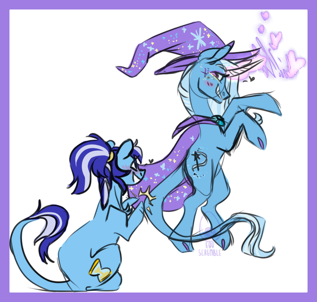 Size: 773x735 | Tagged: safe, artist:eqq_scremble, derpibooru import, minuette, trixie, unicorn, cape, clapping, clothes, cloven hooves, crack shipping, derpibooru exclusive, duo, female, hat, image, leonine tail, lesbian, magic, makeup, minixie, png, ponytail, shipping, simple background, tail, trixie's cape, trixie's hat, white background