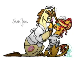 Size: 500x400 | Tagged: safe, artist:eqq_scremble, derpibooru import, donut joe, sunset shimmer, unicorn, chef's hat, cloven hooves, crack shipping, derpibooru exclusive, donutshimmer, duo, female, hat, image, laughing, leonine tail, male, png, shipping, simple background, sketch, straight, tail, tongue out, white background
