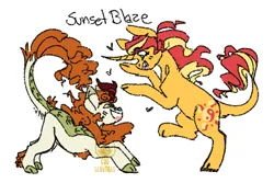 Size: 600x400 | Tagged: safe, artist:eqq_scremble, derpibooru import, autumn blaze, sunset shimmer, kirin, unicorn, autumnshimmer, cloven hooves, crack shipping, crouching, derpibooru exclusive, duo, female, image, laughing, leonine tail, lesbian, playing, png, rearing, shipping, simple background, tail, white background