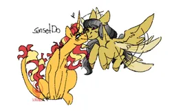 Size: 700x450 | Tagged: safe, artist:eqq_scremble, derpibooru import, daring do, sunset shimmer, pegasus, unicorn, cloven hooves, crack shipping, derpibooru exclusive, duo, female, flying, hair tie, image, kissing, leonine tail, lesbian, png, shipping, simple background, sitting, sunsetdo, tail, white background