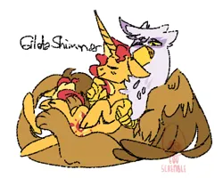 Size: 500x400 | Tagged: safe, artist:eqq_scremble, derpibooru import, gilda, sunset shimmer, gryphon, pony, unicorn, chin scratch, cloven hooves, crack shipping, cuddling, derpibooru exclusive, duo, eyes closed, female, gildimmer, hug, image, leonine tail, lesbian, lying down, on back, png, shipping, simple background, tail, white background