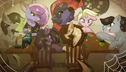 Size: 2976x1707 | Tagged: safe, artist:beardie, derpibooru import, oc, oc:berry frost, oc:buttercream scotch, oc:elli, oc:fenris ebonyglow, oc:kara waypoint, oc:rivibaes, oc:starskipper, unofficial characters only, drinking, image, party, png