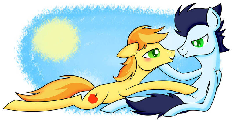 Size: 1235x647 | Tagged: safe, artist:aryannahoshi, derpibooru import, braeburn, soarin', earth pony, pegasus, pony, blushing, duo, gay, hoof on chin, image, jpeg, looking at you, lying down, male, prone, raised hoof, shipping, sitting, soarburn, stallion