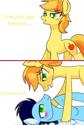 Size: 1600x2400 | Tagged: safe, artist:aryannahoshi, derpibooru import, braeburn, soarin', earth pony, pegasus, pony, 2 panel comic, blushing, comic, duo, gay, image, jpeg, looking at each other, looking at someone, lying down, male, on back, open mouth, shipping, simple background, soarburn, stallion, white background