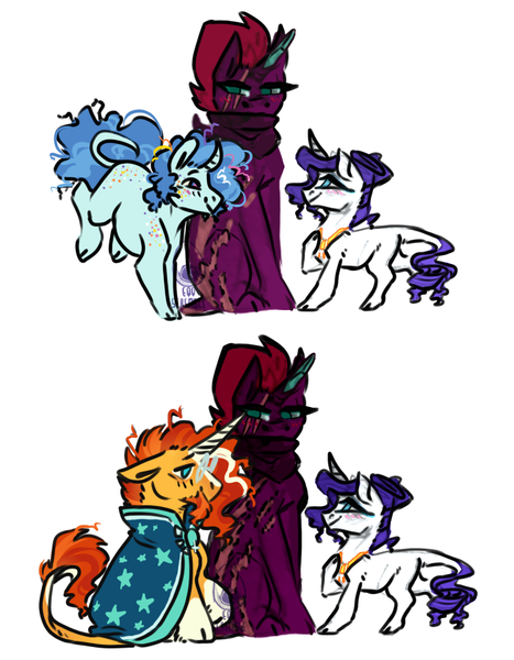 Size: 700x900 | Tagged: safe, artist:eqq_scremble, derpibooru import, party favor, rarity, sunburst, tempest shadow, bisexual, cloak, clothes, cloven hooves, crack shipping, derpibooru exclusive, eye scar, female, glasses, horn, image, jewelry, leonine tail, lesbian, male, necklace, no tail, partempity, png, polyamory, rariburst, rarifavor, scar, scarf, shipping, simple background, sitting, smiling, straight, sunburst's cloak, tail, tempest gets her horn back, tempity, white background