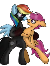 Size: 692x900 | Tagged: semi-grimdark, artist:taeko, derpibooru import, rainbow dash, scootaloo, pegasus, pony, fanfic:pegasus device, fanfic:rainbow factory, absentia, base used, black suit, blood, blood on hoof, catsuit, dancing, derpibooru exclusive, duo, dyed tail, ear fluff, fanfic art, female, folded wings, holding each other, image, lesbian, looking at each other, looking at someone, mare, open mouth, png, rainbow factory dash, rainbow factory logo, scootadash, shading practice, shipping, simple background, smiling, smiling at each other, spread wings, standing on two hooves, tail, transparent background, wings