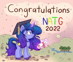 Size: 2000x1714 | Tagged: safe, artist:nedemai, derpibooru import, oc, unofficial characters only, pony, unicorn, atg 2022, female, glow, glowing horn, graduation, graduation cap, hat, horn, image, jpeg, magic, mare, moon, newbie artist training grounds, smiling, solo, telekinesis