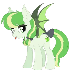 Size: 1408x1419 | Tagged: safe, artist:dyonys, derpibooru import, oc, oc:sour apple, unofficial characters only, bat pony, bow, eyeshadow, female, image, makeup, png, simple background, spread wings, tail, tail bow, tongue out, transparent background, wings