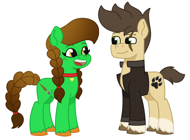 Size: 1479x1091 | Tagged: safe, artist:dyonys, derpibooru import, oc, oc:lucky brush, oc:night chaser, unofficial characters only, my little pony: tell your tale, braid, choker, clothes, freckles, g5, image, jacket, open mouth, png, scar, simple background, transparent background, unshorn fetlocks