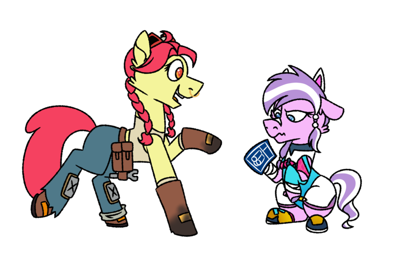 Size: 1400x900 | Tagged: safe, artist:fuckomcfuck, derpibooru import, apple bloom, diamond tiara, earth pony, pony, bandage, belt, boots, cat ears, clothes, cosplay, costume, crossover, denim, derpibooru exclusive, diamondbloom, duo, erisa (fortnite), female, fortnite, gloves, goggles, image, jeans, jules (fortnite), lesbian, mare, nose piercing, nose ring, older, older apple bloom, older diamond tiara, overalls, pants, piercing, png, raised hoof, shipping, shoes, simple background, sitting, tanktop, transparent background, wrench