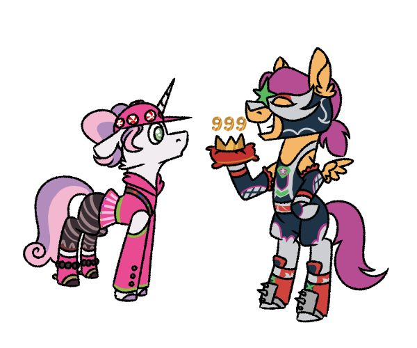 Size: 600x500 | Tagged: safe, artist:fuckomcfuck, derpibooru import, scootaloo, sweetie belle, pegasus, pony, unicorn, baseball cap, bipedal, boots, cap, clothes, cosplay, costume, crossover, derpibooru exclusive, duo, dynamo (fortnite), eyes closed, female, fortnite, gloves, grin, hat, hoodie, image, leotard, mare, mask, older, older scootaloo, older sweetie belle, png, shoes, simple background, skirt, smiling, socks, stockings, striped socks, thigh highs, transparent background, unshorn fetlocks, wrestler, zoey (fortnite)