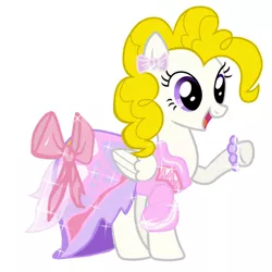 Size: 894x894 | Tagged: safe, artist:amexraibu, derpibooru import, surprise, bow, bracelet, clothes, dress, g1, g1 to g4, g4, generation leap, image, jewelry, jpeg, raised hoof, simple background, smiling, sparkles, white background, wings
