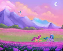 Size: 5998x4800 | Tagged: safe, artist:saphypone, derpibooru import, izzy moonbow, sunny starscout, earth pony, pony, unicorn, my little pony: a new generation, balloon, beautiful, crescent moon, female, floating, flower field, g5, image, ivory cedar, journey, mare, moon, mountain, png, scenery, scenery porn