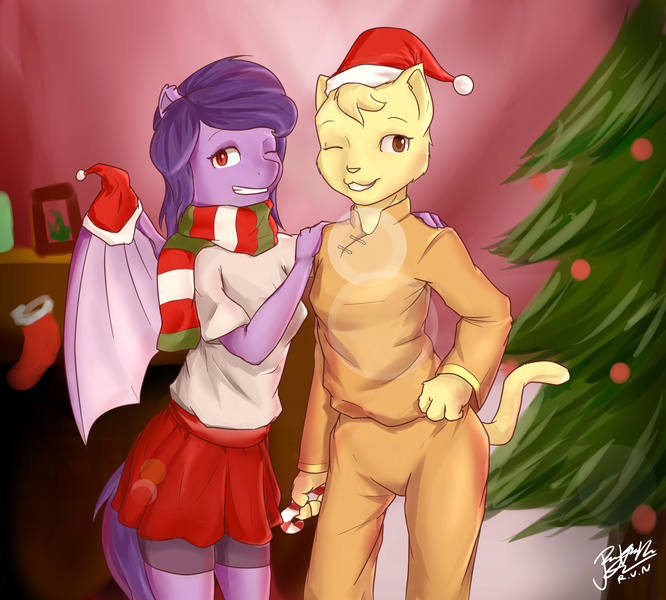 Size: 3030x2730 | Tagged: safe, artist:pwnagespartan, derpibooru import, oc, unofficial characters only, anthro, bat pony, christmas, christmas tree, clothes, duo, duo female, female, furry, furry oc, hat, holiday, image, jpeg, santa hat, scarf, tree