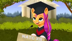 Size: 1920x1080 | Tagged: safe, artist:darksly, derpibooru import, sunny starscout, earth pony, pony, atg 2022, cute, female, g5, graduation, graduation cap, hat, image, jpeg, mare, markings, newbie artist training grounds, open mouth, solo, sunnybetes