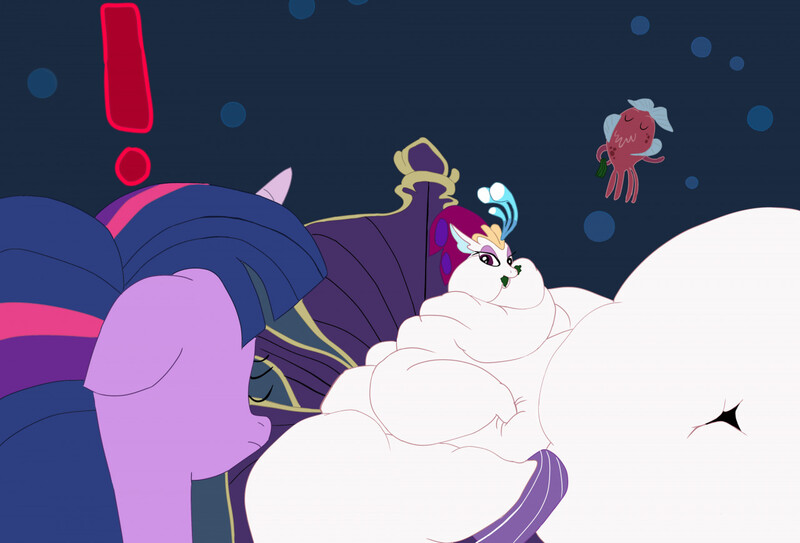 Size: 1280x869 | Tagged: questionable, artist:2169, derpibooru import, jamal, queen novo, twilight sparkle, alicorn, octopus, seapony (g4), series:super size it art contest 2022, my little pony: the movie, duo, eating, exclamation point, fat, female, image, jpeg, morbidly obese, novobese, obese, rolls of fat, scene interpretation, time for my seaweed wrap, underwater, water