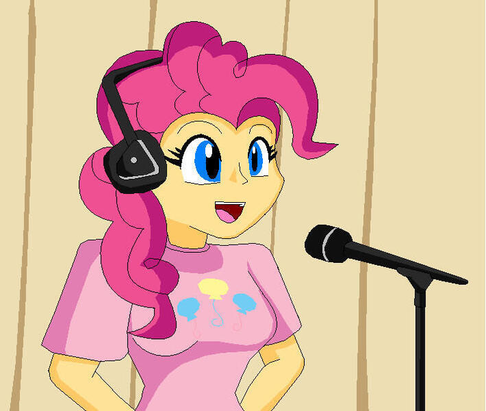 Size: 710x602 | Tagged: safe, artist:koopa-master, derpibooru import, pinkie pie, human, 2011, breasts, female, food, headphones, humanized, image, jpeg, microphone, solo, tay zonday