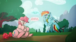 Size: 1958x1094 | Tagged: suggestive, artist:kirbirb, artist:pudgebirb, derpibooru import, edit, edited screencap, screencap, pinkie pie, rainbow dash, earth pony, pegasus, pony, series:super size it art contest 2022, 28 pranks later, belly, belly button, big belly, box, chest fluff, chubby, cookie, crumbs, dialogue, duo, ear fluff, eye clipping through hair, fat, fat fetish, female, fetish, flying, food, freckles, image, lidded eyes, looking at each other, looking at someone, mare, obese, one eye closed, open mouth, open smile, png, pudgy pie, scene interpretation, sitting, smiling, speech bubble