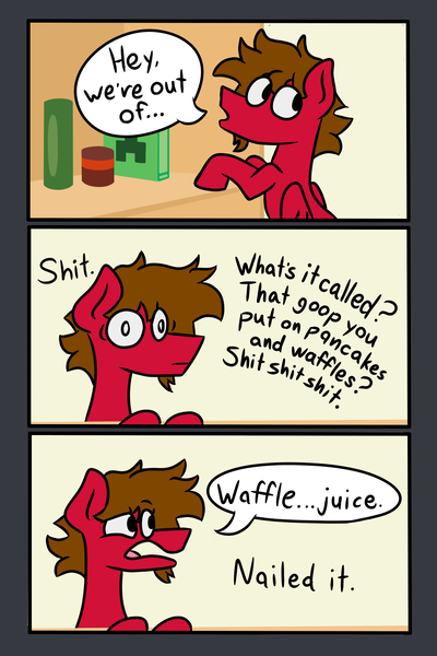 Size: 1200x1800 | Tagged: safe, artist:grandfinaleart, derpibooru import, oc, oc:grand finale, unofficial characters only, pegasus, pony, 3 panel comic, brown eyes, brown hair, brown mane, cans, cereal, cereal box, comic, creeper, digital art, facial hair, food, goatee, image, juice, pancakes, pegasus oc, png, red fur, simple background, solo, swearing, syrup, vulgar, waffle, wings