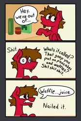 Size: 1200x1800 | Tagged: safe, artist:grandfinaleart, derpibooru import, oc, oc:grand finale, unofficial characters only, pegasus, pony, 3 panel comic, brown eyes, brown hair, brown mane, cans, cereal, cereal box, comic, creeper, digital art, facial hair, food, goatee, image, juice, pancakes, pegasus oc, png, red fur, simple background, solo, swearing, syrup, vulgar, waffle, wings