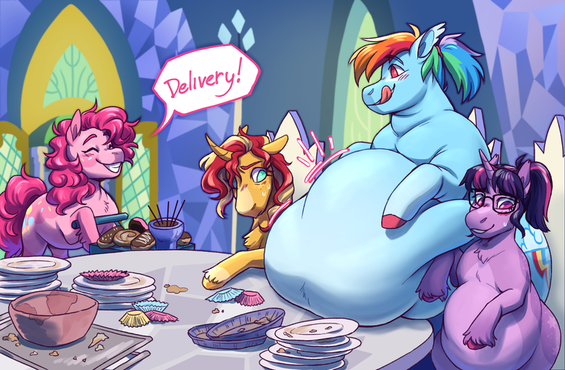 Size: 1875x1228 | Tagged: questionable, artist:squishysheepie, derpibooru import, pinkie pie, rainbow dash, sci-twi, sunset shimmer, twilight sparkle, ponified, earth pony, pegasus, pony, unicorn, series:super size it art contest 2022, equestria girls, equestria girls series, spring breakdown, spoiler:eqg series (season 2), belly, big belly, blushing, candle, colored hooves, curved horn, cutie map, derpibooru exclusive, equestria girls ponified, eyes closed, fat, female, females only, floppy ears, friendship throne, glasses, horn, huge belly, human pony dash, image, impossibly large belly, jewelry, licking, licking lips, mare, morbidly obese, obese, plate, png, ponytail, rainblob dash, scene interpretation, sci-twilard, sitting, smiling, squishy, stuffed belly, tongue out, unicorn sci-twi, unshorn fetlocks, weight gain