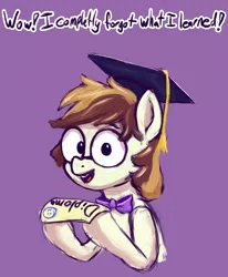 Size: 2048x2487 | Tagged: safe, artist:phutashi, derpibooru import, oc, oc:phutashi, unofficial characters only, earth pony, pony, atg 2022, bowtie, diploma, glasses, graduation cap, hat, image, looking at you, male, newbie artist training grounds, open mouth, open smile, png, purple background, simple background, smiling, smiling at you, solo, stallion, talking to viewer