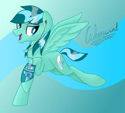 Size: 2221x2000 | Tagged: safe, artist:notadeliciouspotato, derpibooru import, oc, oc:wavewind, unofficial characters only, pegasus, pony, abstract background, earbuds, gradient background, image, male, mp3 player, open mouth, open smile, png, smiling, solo, spread wings, stallion, text, wings