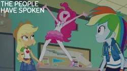 Size: 1280x720 | Tagged: safe, derpibooru import, edit, edited screencap, editor:quoterific, screencap, applejack, pinkie pie, rainbow dash, equestria girls, equestria girls series, forgotten friendship, applejack's hat, belt, clothes, cowboy hat, cutie mark, cutie mark on clothes, denim, denim skirt, female, geode of sugar bombs, geode of super speed, geode of super strength, hat, hoodie, image, jpeg, magical geodes, nose in the air, open mouth, open smile, skirt, smiling, tanktop, text, trio, trio female