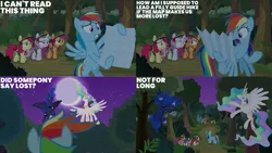 Size: 1280x720 | Tagged: safe, derpibooru import, edit, edited screencap, editor:quoterific, screencap, apple bloom, princess celestia, princess luna, rainbow dash, scootaloo, sweetie belle, alicorn, earth pony, pegasus, pony, unicorn, between dark and dawn, season 9, spoiler:s09, crown, cutie mark crusaders, eyes closed, female, filly, flying, foal, image, jewelry, mare, night, open mouth, png, regalia, smiling, spread wings, text, wings