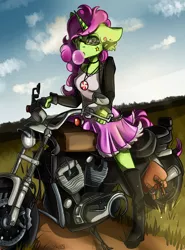 Size: 1550x2092 | Tagged: safe, artist:yuris, derpibooru import, gummy, oc, unofficial characters only, anthro, human, unicorn, trade ya, biker, biker jacket, clothes, curly hair, field trip, glasses, humanized, image, motorcycle, png, skirt, solo