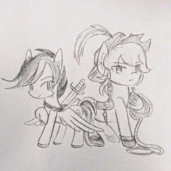 Size: 640x640 | Tagged: safe, artist:snowzaaah, derpibooru import, applejack, rainbow dash, earth pony, pegasus, pony, alternate design, alternate hairstyle, appledash, appledashdailydoodles, doodle, female, image, jpeg, lesbian, monochrome, pencil drawing, rope, shipping, sketch, sword, traditional art, weapon